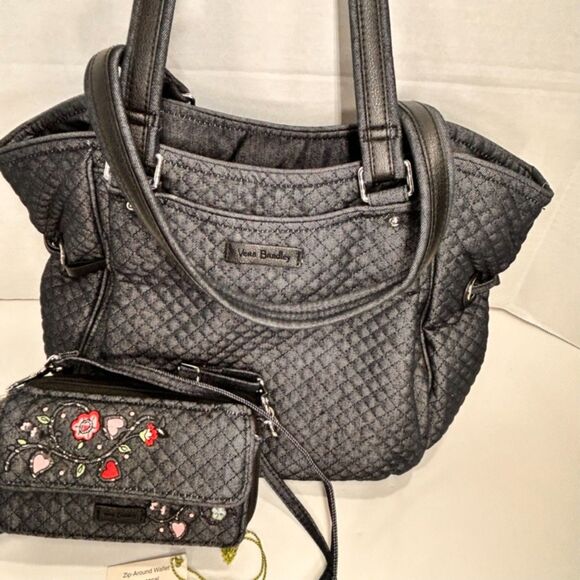 Vera Bradley Solid Shoulder Purse and Matching Crossbody Wallet w/ Wristlet RFID - Picture 2 of 15